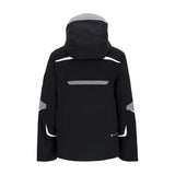 Obermeyer Juniors Mach 15 Insulated Jacket 2025 - A black insulated jacket with a hood, featuring reflective strips on the shoulders and chest.