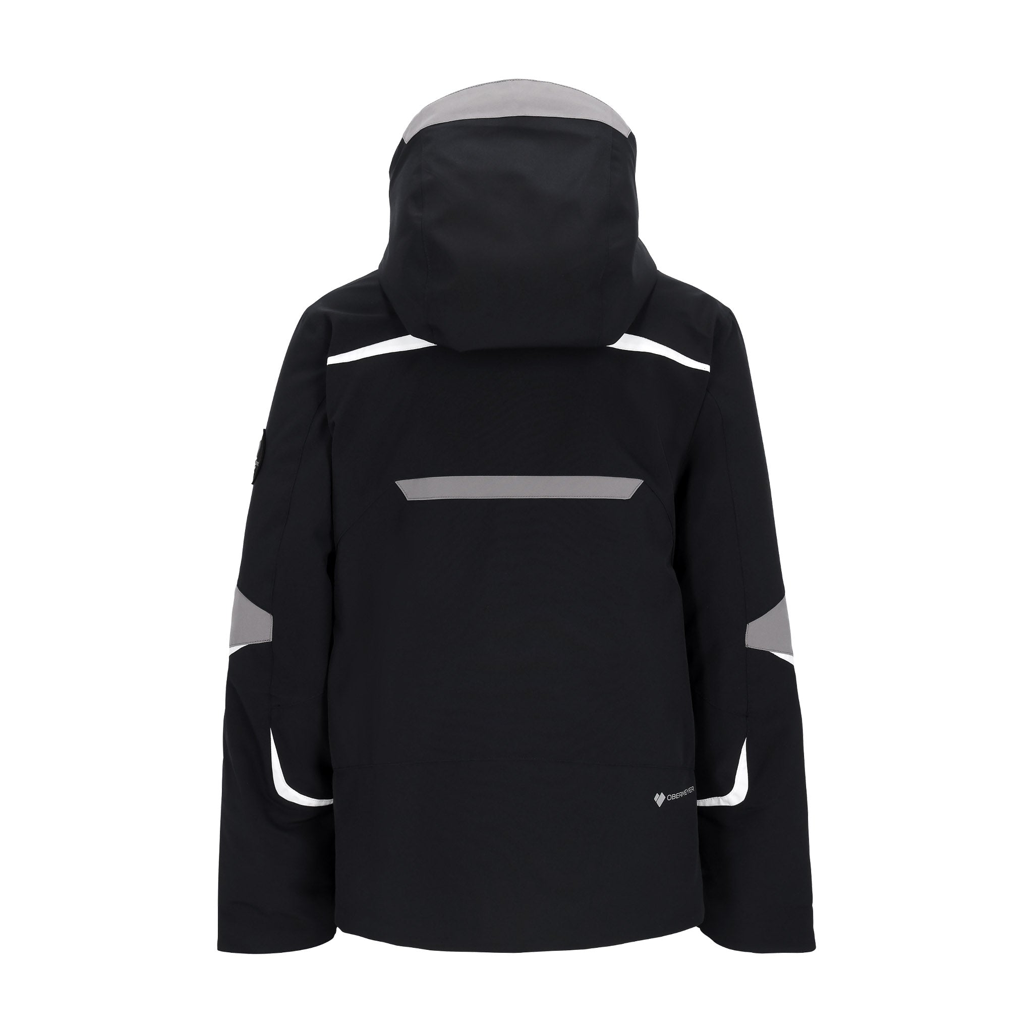 Obermeyer Juniors Mach 15 Insulated Jacket 2025 - A black insulated jacket with a hood, featuring reflective strips on the shoulders and chest.