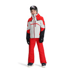 Obermeyer Juniors Mach 15 Insulated Jacket - A red, white, and black insulated jacket with a hood, zippered pockets, and a zipper down the front.