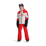 Obermeyer Juniors Mach 15 Insulated Jacket - A red, white, and black insulated jacket with a hood, zippered pockets, and a zipper down the front.
