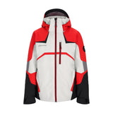 Obermeyer Juniors Mach 15 Insulated Jacket 2025 - A red, white and black insulated jacket with a hood.