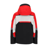 Obermeyer Juniors Mach 15 Insulated Jacket 2025 - A black, red, and white insulated jacket with a hood, featuring a zippered front and two side pockets.