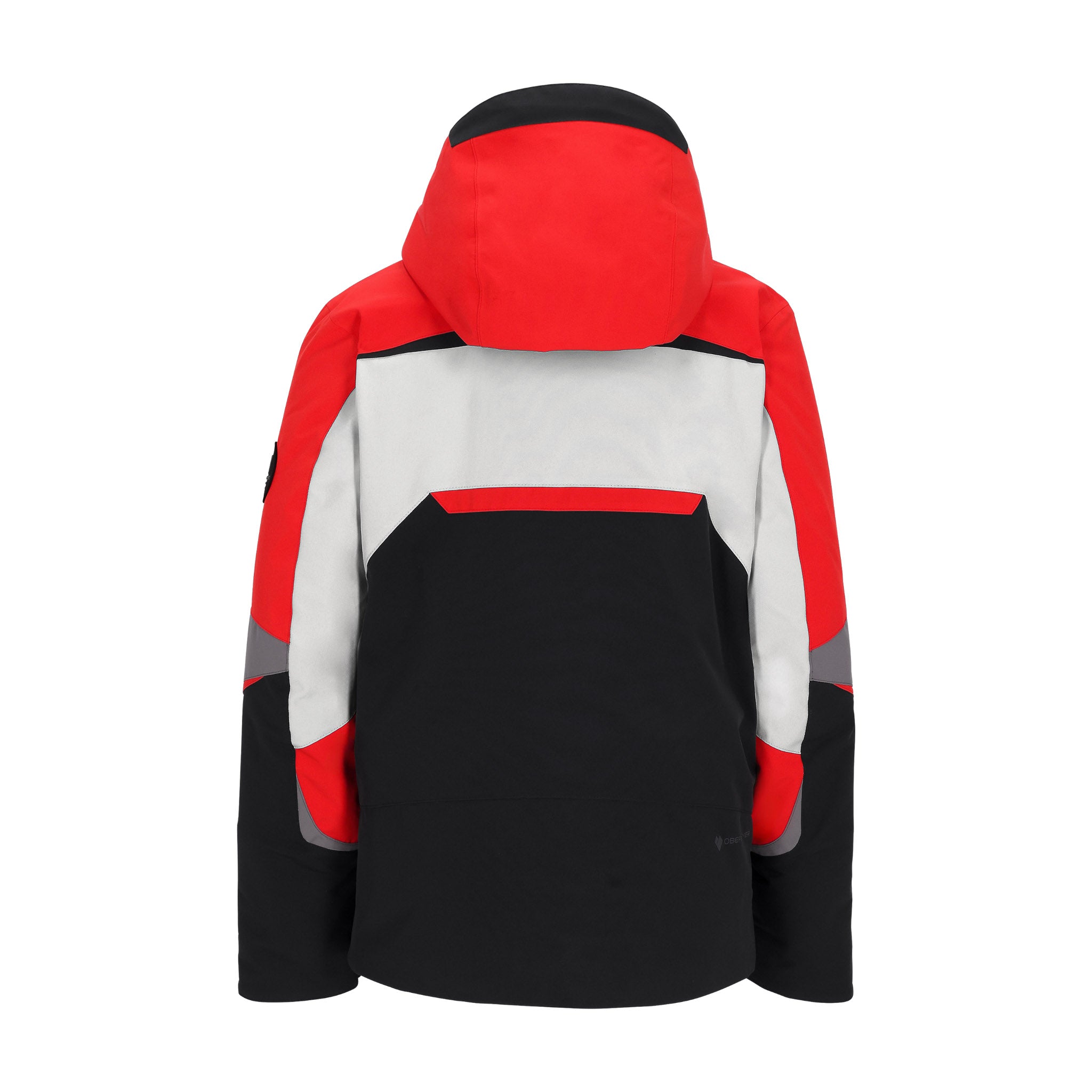 Obermeyer Juniors Mach 15 Insulated Jacket 2025 - A black, red, and white insulated jacket with a hood, featuring a zippered front and two side pockets.