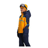 Obermeyer Juniors Mach 15 Insulated Jacket - A bright orange jacket with a navy blue hood and accents, featuring a zippered chest pocket and two side pockets.