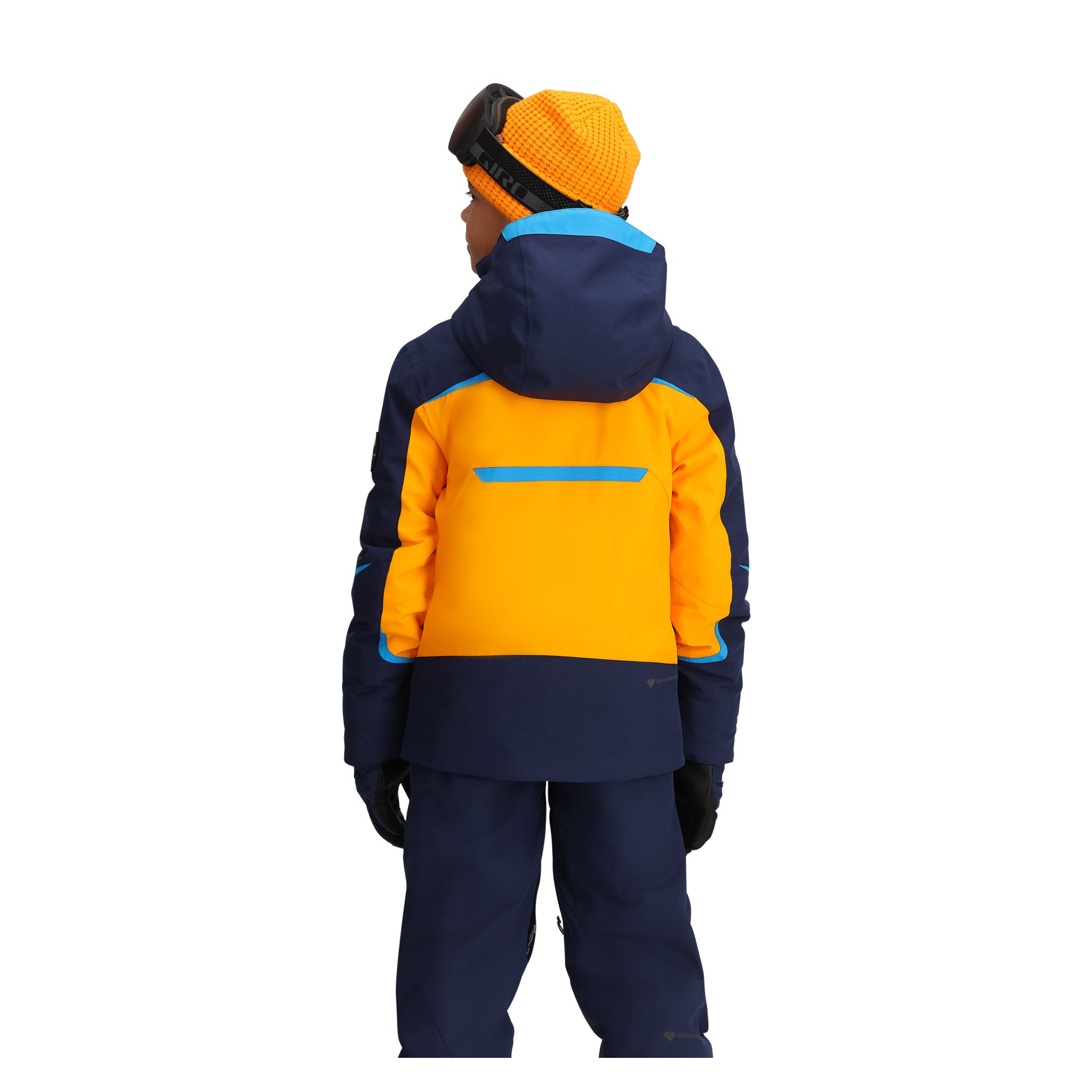 Obermeyer Juniors Mach 15 Insulated Jacket 2025 - A navy blue and orange insulated jacket with a hood, featuring a zippered front and two side pockets.