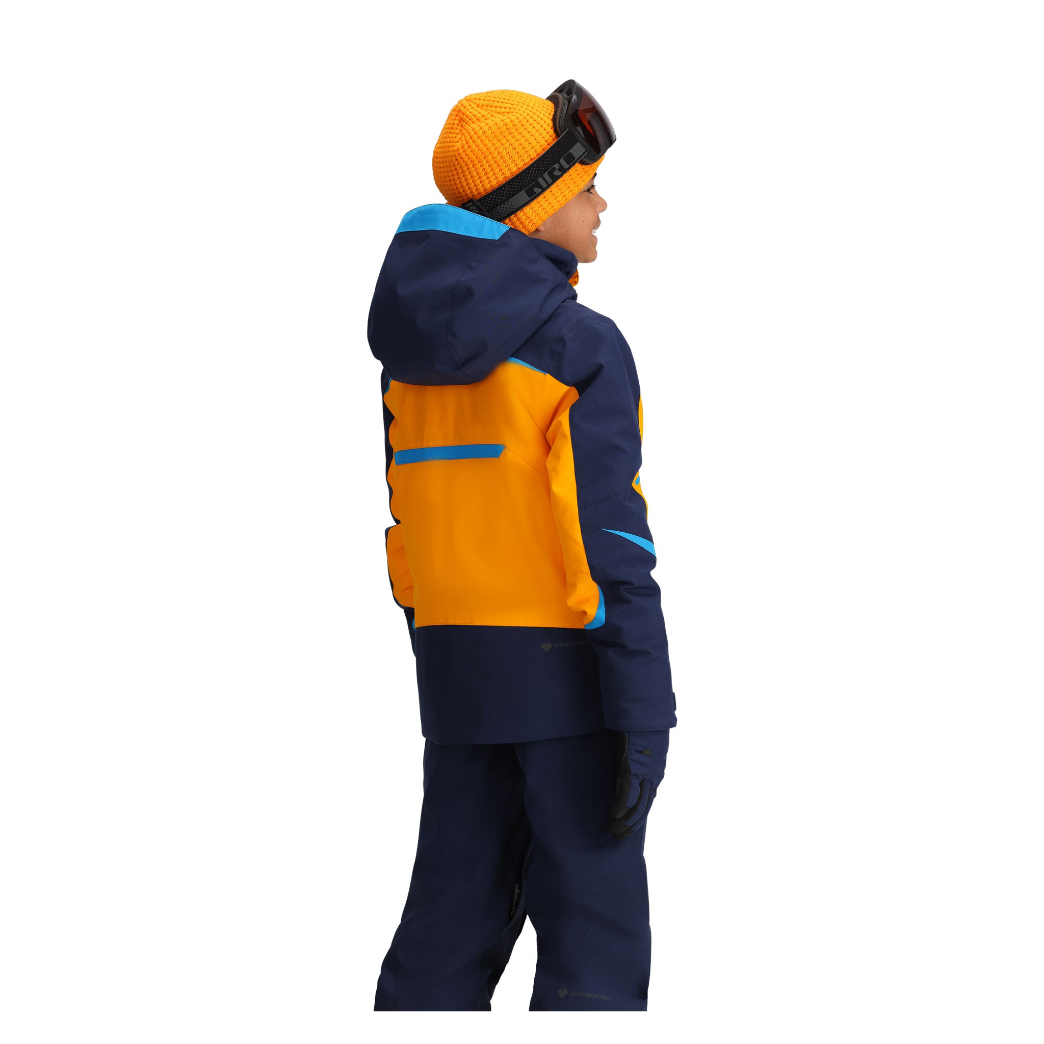 Obermeyer Juniors Mach 15 Insulated Jacket 2025 - A navy blue and orange jacket with a hood, featuring a zippered front and two side pockets.