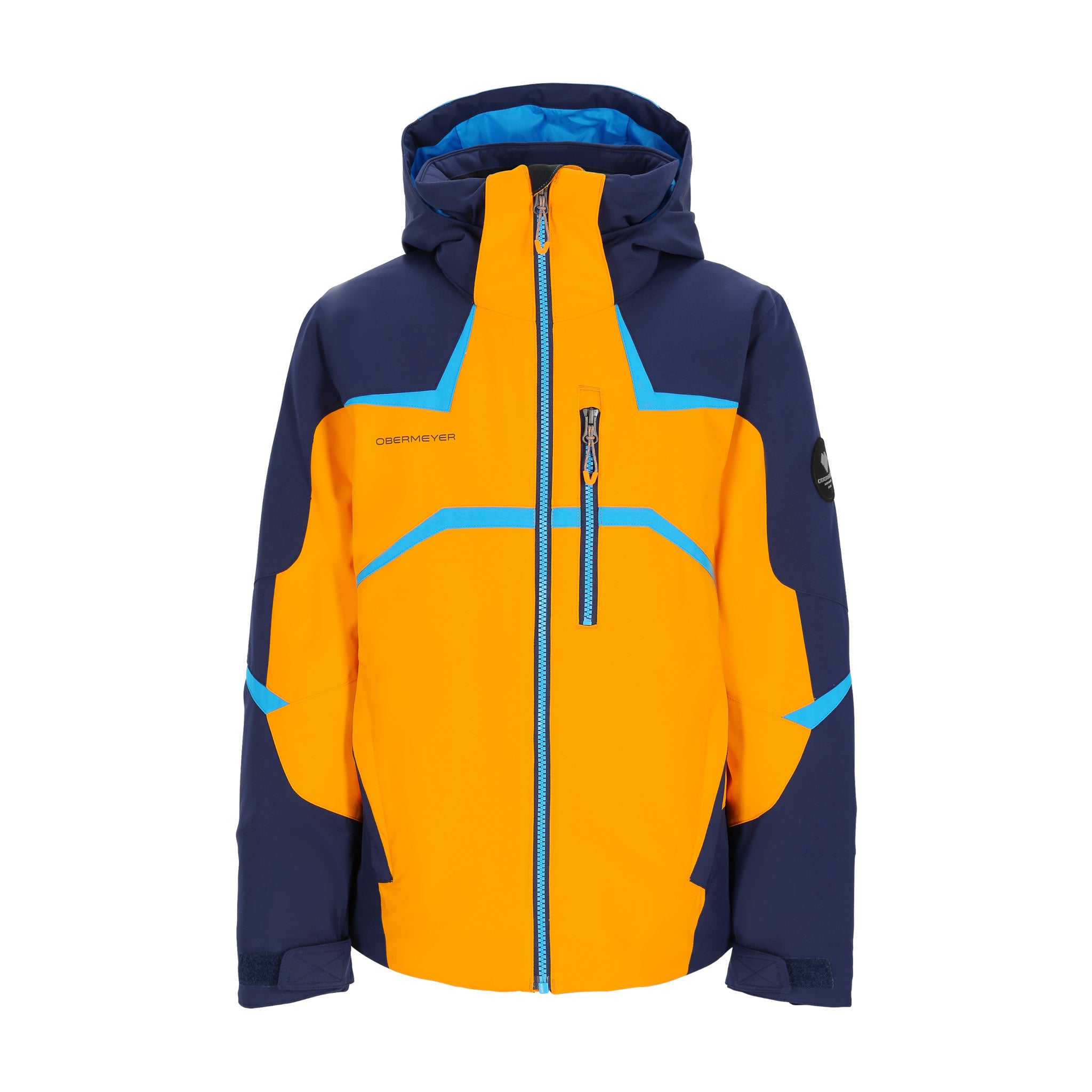 Obermeyer Juniors Mach 15 Insulated Jacket 2025 - A navy blue and orange insulated jacket with a hood, featuring a zippered front and two side pockets.