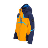 Obermeyer Juniors Mach 15 Insulated Jacket 2025 - A navy blue and orange insulated jacket with a hood, featuring a zippered front and two zippered pockets on the chest.