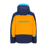 Obermeyer Juniors Mach 15 Insulated Jacket 2025 - A navy blue and orange insulated jacket with a hood, featuring a zippered front and two side pockets.