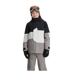 Obermeyer Junior's Axel Insulated Jacket 2025 - A black, white and grey jacket with a hood, zipper closure, and two zippered pockets on the front.