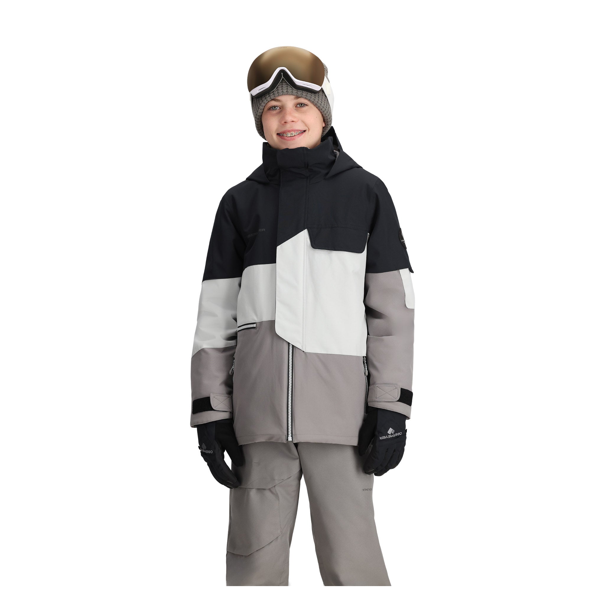 Obermeyer Junior's Axel Insulated Jacket 2025 - A black, white and grey jacket with a hood, zipper closure, and two zippered pockets on the front.