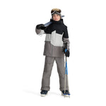 Obermeyer Junior's Axel Insulated Jacket - A black, white and grey jacket with a zippered chest pocket on the right side.