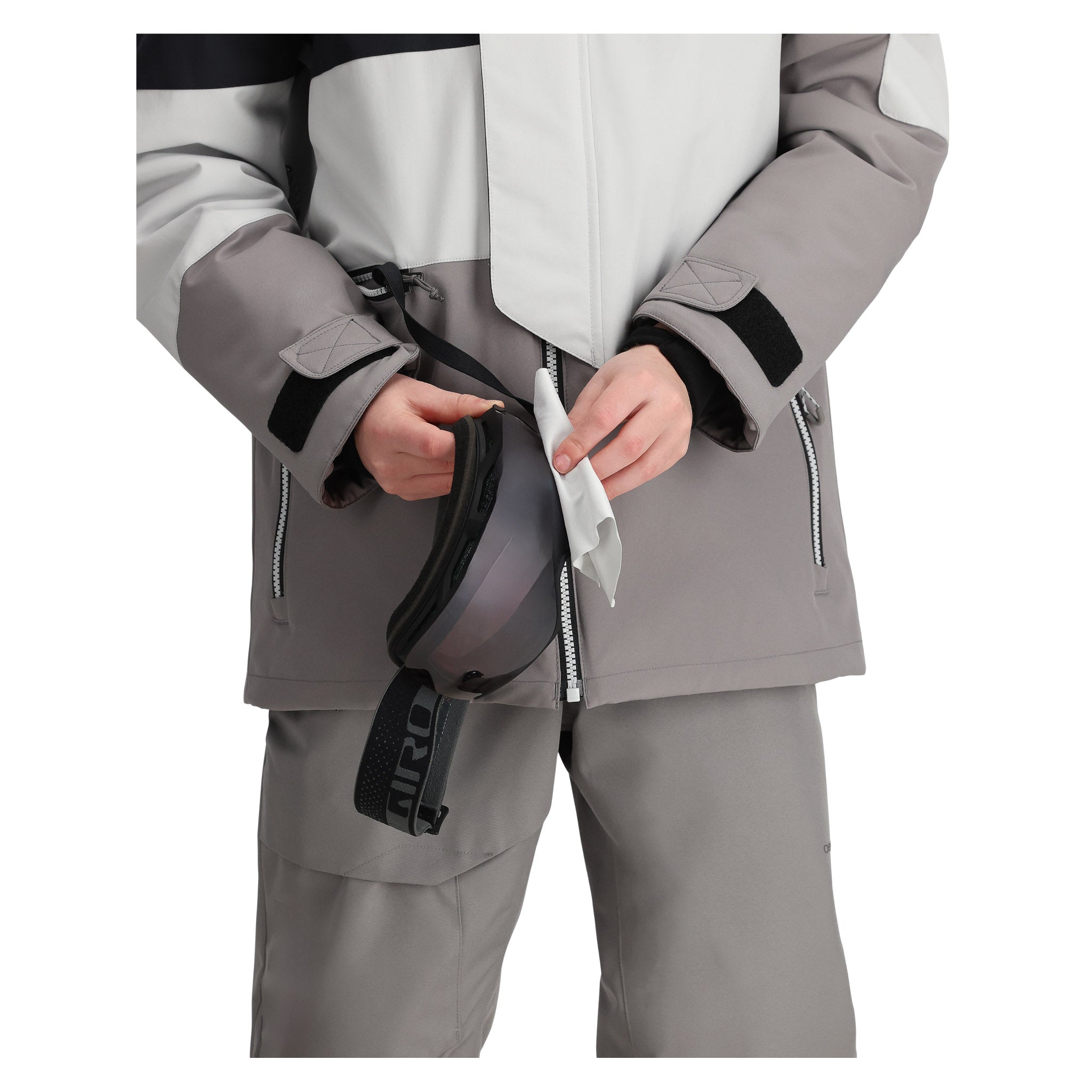 Obermeyer Junior's Axel Insulated Jacket 2025 - A grey and black insulated jacket with a zippered front, worn by a model on a plain background.