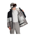 Obermeyer Junior's Axel Insulated Jacket 2025 - A black, white and grey snowboard jacket with a zippered chest pocket and two zippered side pockets.