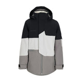Obermeyer Junior's Axel Insulated Jacket 2025 - A black, white and grey jacket with a hood, featuring a zippered front and two pockets on either side.