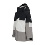 Obermeyer Junior's Axel Insulated Jacket 2025 - A black, white and grey jacket with a hood, featuring a zippered front and two pockets on the chest.