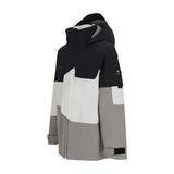 Obermeyer Junior's Axel Insulated Jacket 2025 - A black, white and grey jacket with a hood, featuring a zippered front and two pockets on the chest.