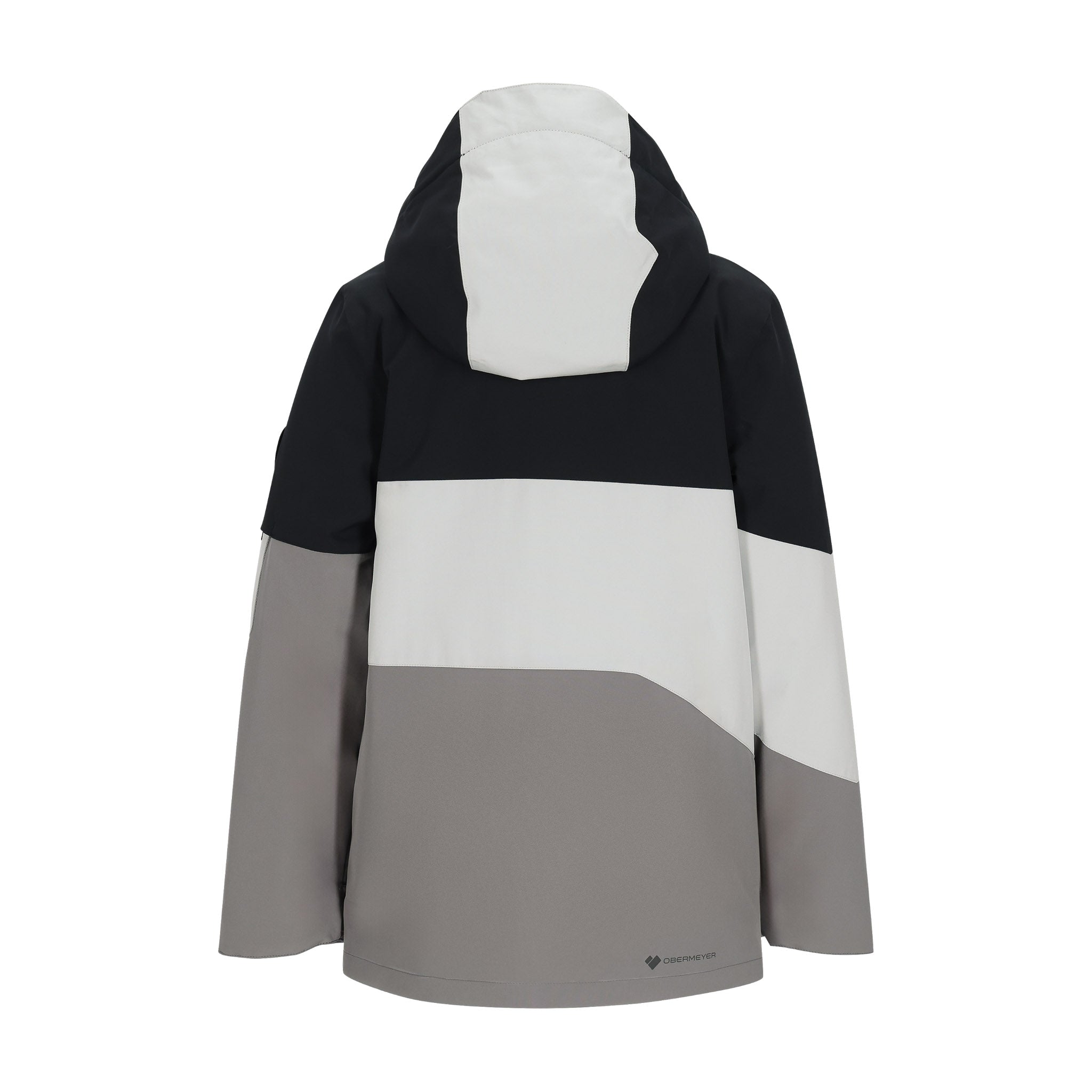 Obermeyer Junior's Axel Insulated Jacket 2025 - A black, white and grey jacket with a hood, featuring a diagonal stripe pattern on the chest.