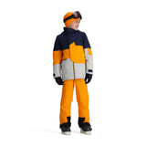 Obermeyer Junior's Axel Insulated Jacket 2025 - A navy blue and orange jacket with a white stripe on the sleeve, featuring a zipper closure and two pockets.