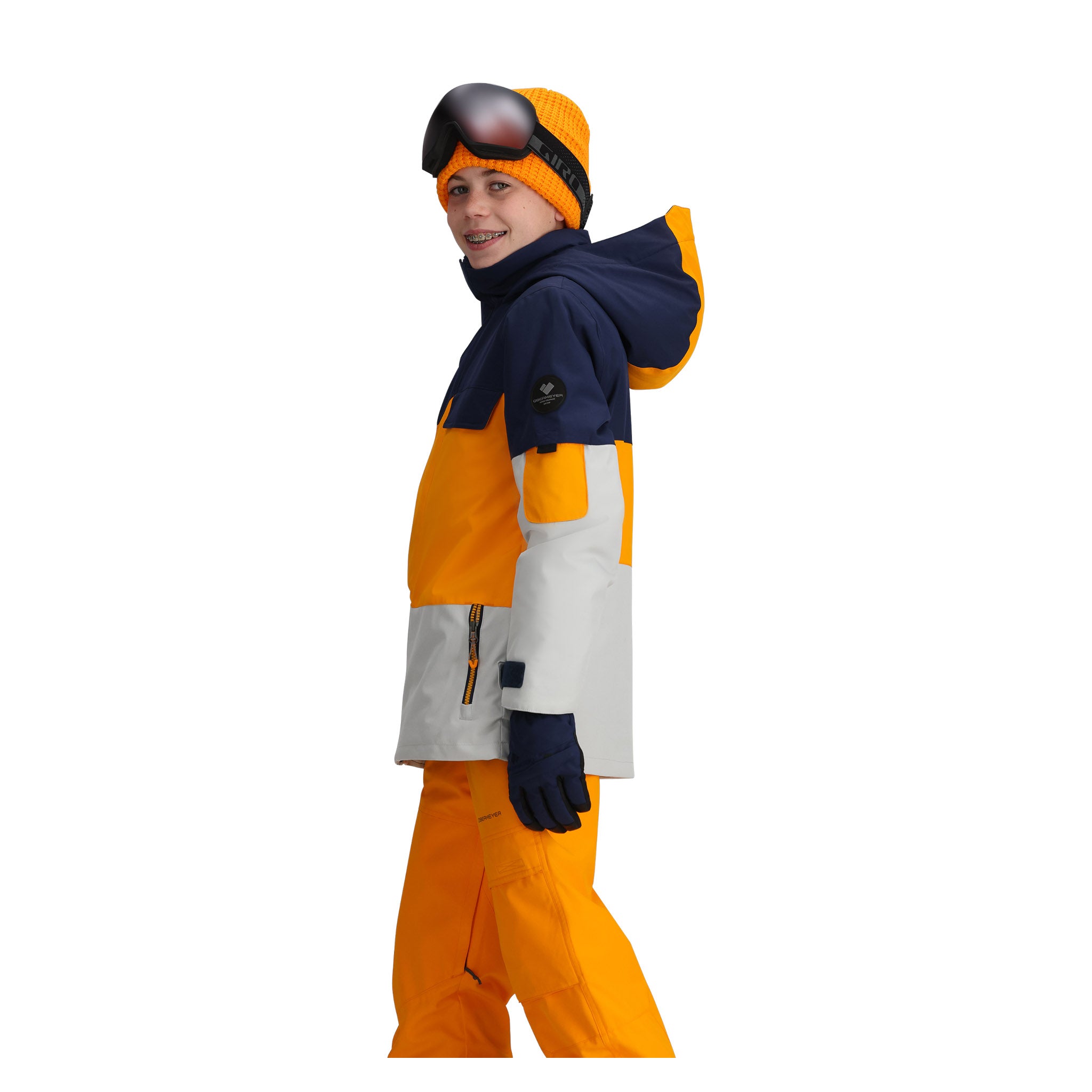 Obermeyer Junior's Axel Insulated Jacket 2025 - A navy blue and orange jacket with a hood, featuring a zipper closure on the front.