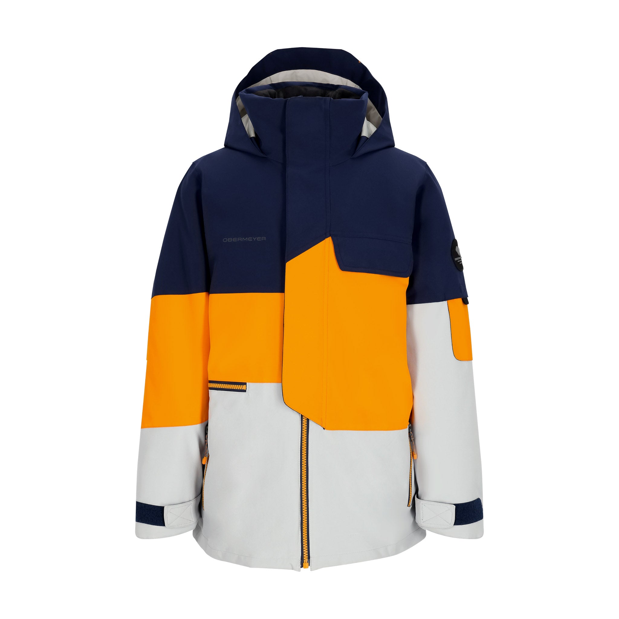 Obermeyer Junior's Axel Insulated Jacket 2025 - A navy blue and orange jacket with a hood, featuring a zippered front and two side pockets.