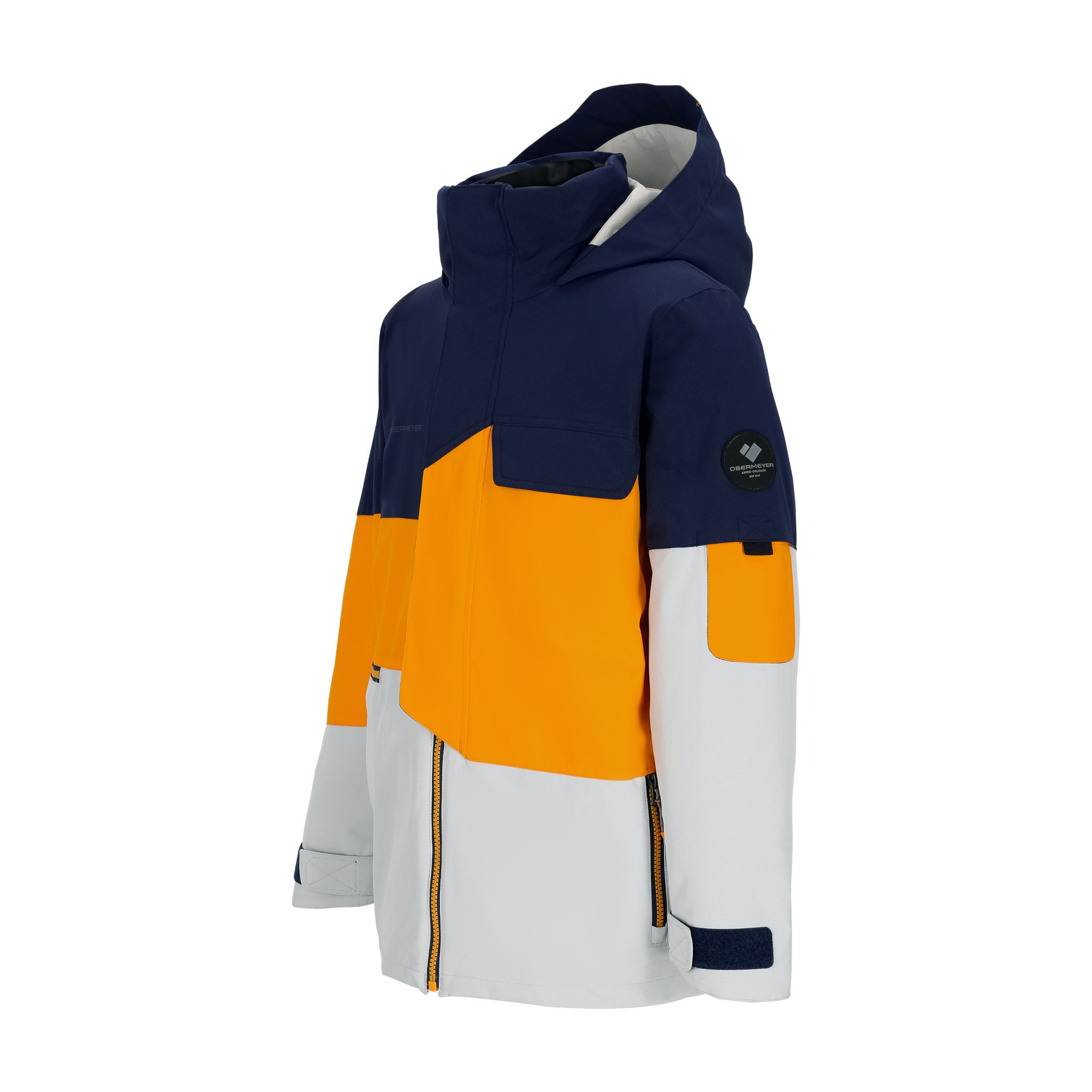 Obermeyer Junior's Axel Insulated Jacket 2025 - A navy blue, orange, and white insulated jacket with a hood.