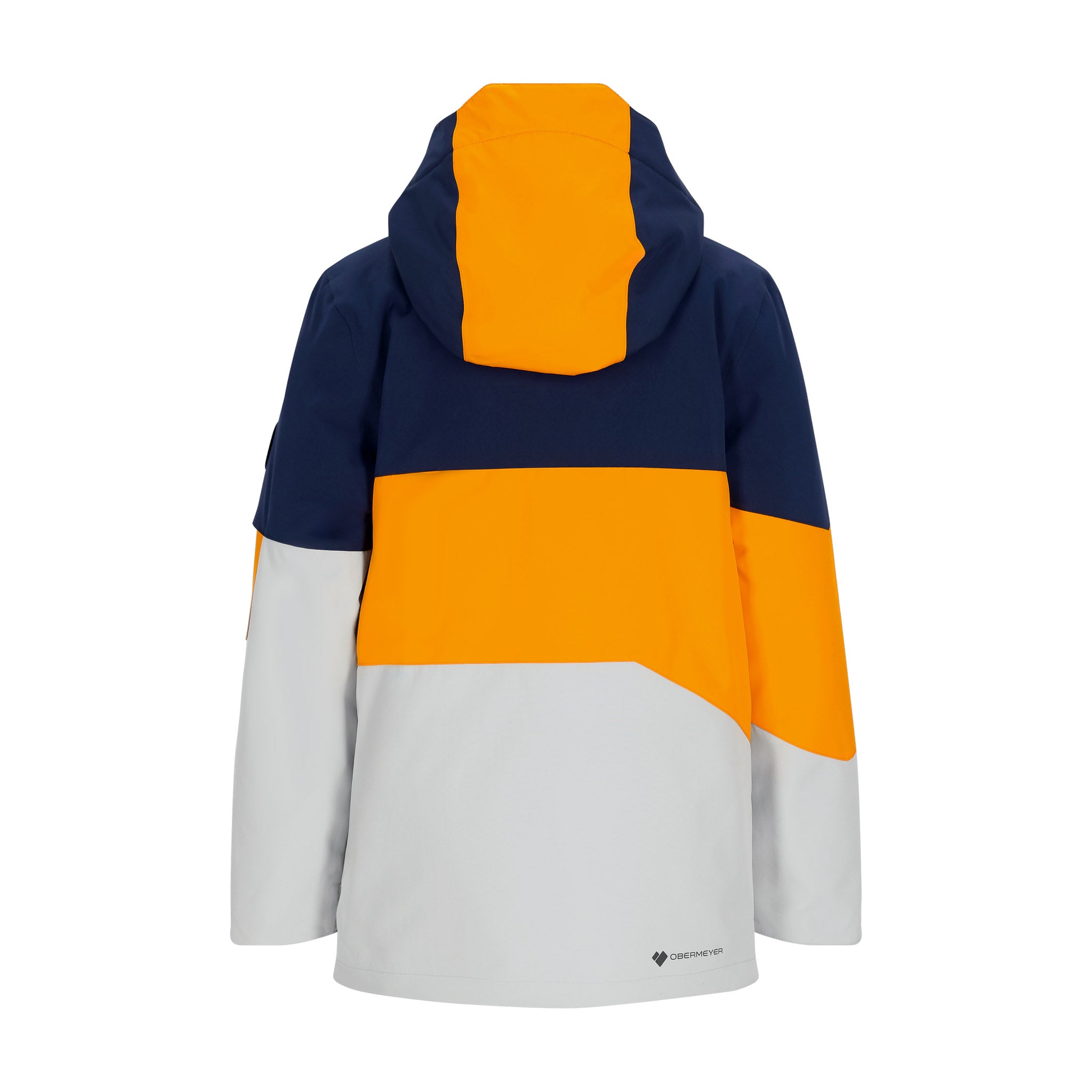 Obermeyer Junior's Axel Insulated Jacket 2025 - A navy blue and orange jacket with a hood, featuring an orange stripe across the chest.