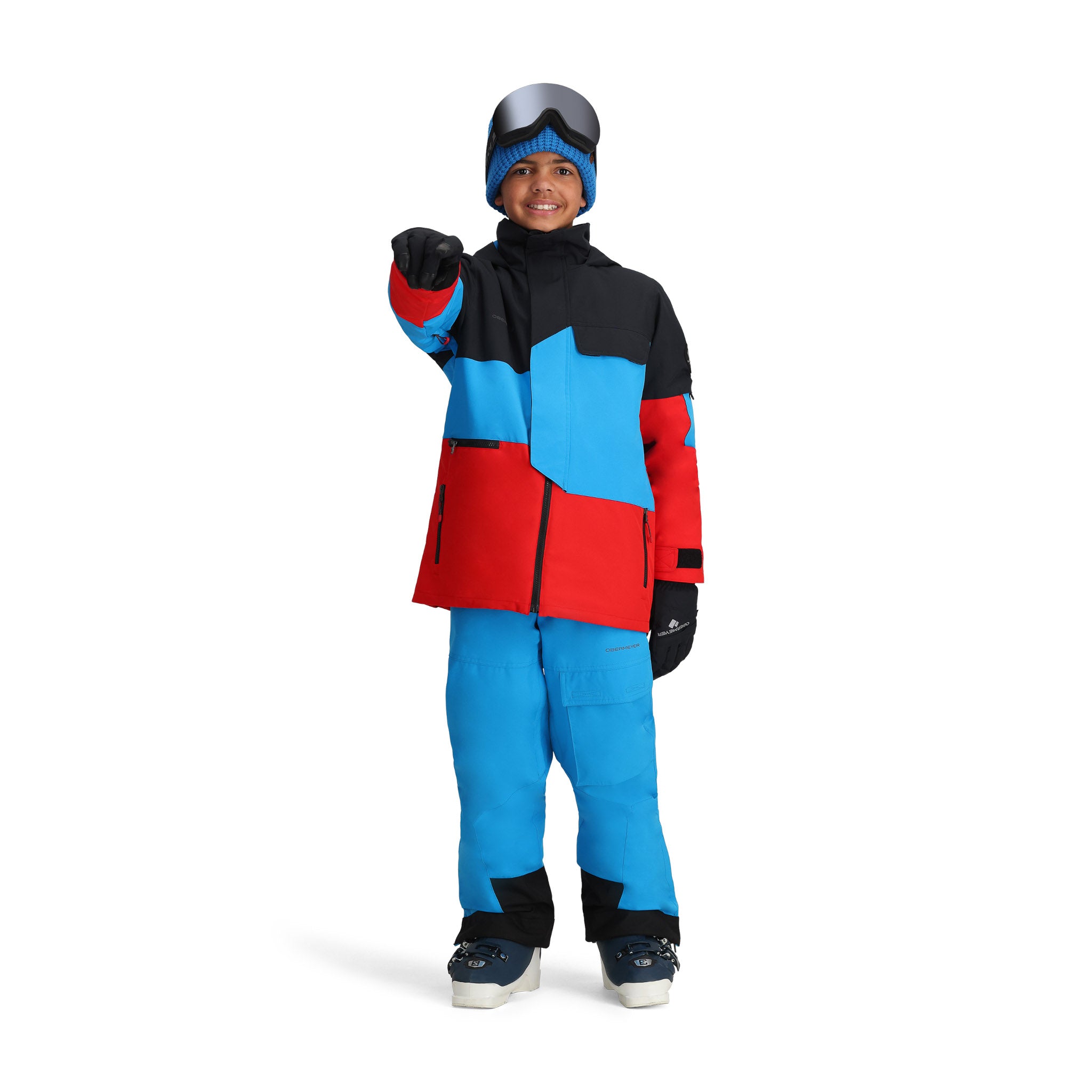Obermeyer Junior's Axel Insulated Jacket 2025 - A black, red, and blue jacket with a zipper down the front.