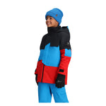 Obermeyer Junior's Axel Insulated Jacket 2025 - A black, red and blue jacket with a hood on a young boy wearing it.