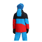 Obermeyer Junior's Axel Insulated Jacket 2025 - A black, red and blue jacket with a hood on a young boy wearing matching snow pants.