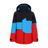 Obermeyer Junior's Axel Insulated Jacket 2025 - A black, red, and blue jacket with a hood, featuring a geometric pattern on the chest and sleeves.