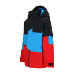 Obermeyer Junior's Axel Insulated Jacket 2025 - A black, blue and red jacket with a hood, featuring a geometric pattern on the chest.