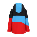 Obermeyer Junior's Axel Insulated Jacket 2025 - A black, red, and light blue jacket with a hood, featuring a bold color block design on the back.