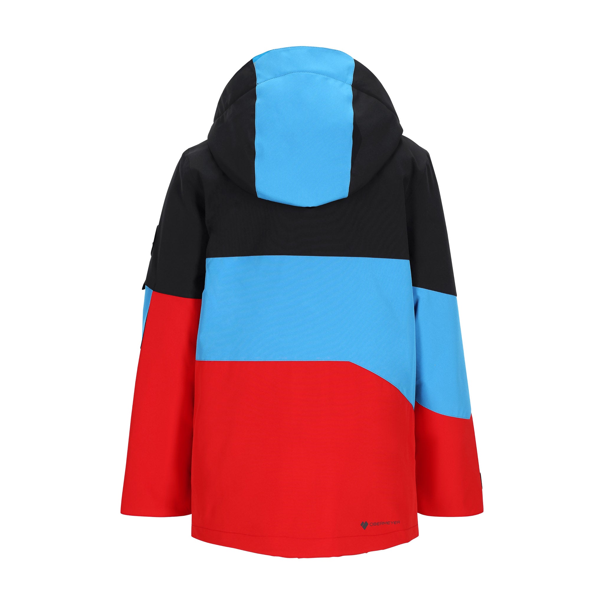 Obermeyer Junior's Axel Insulated Jacket 2025 - A black, red, and light blue jacket with a hood, featuring a bold color block design on the back.