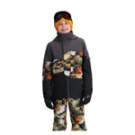 Obermeyer Junior's Axel Insulated Jacket 2025 - A black jacket with a white and orange snowboarder design on the chest, worn by a model posing in front of a gray background.