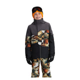 Obermeyer Junior's Axel Insulated Jacket 2025 - A black jacket with a white and orange snowboarder design on the chest, worn by a model posing in front of a gray background.