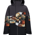 Obermeyer Junior's Axel Insulated Jacket 2025 - A black insulated jacket with a brown and white patterned chest pocket, featuring a hood and zippered pockets on both sides.