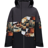 Obermeyer Junior's Axel Insulated Jacket 2025 - A black insulated jacket with a brown and white patterned chest pocket, featuring a hood and zippered pockets on both sides.