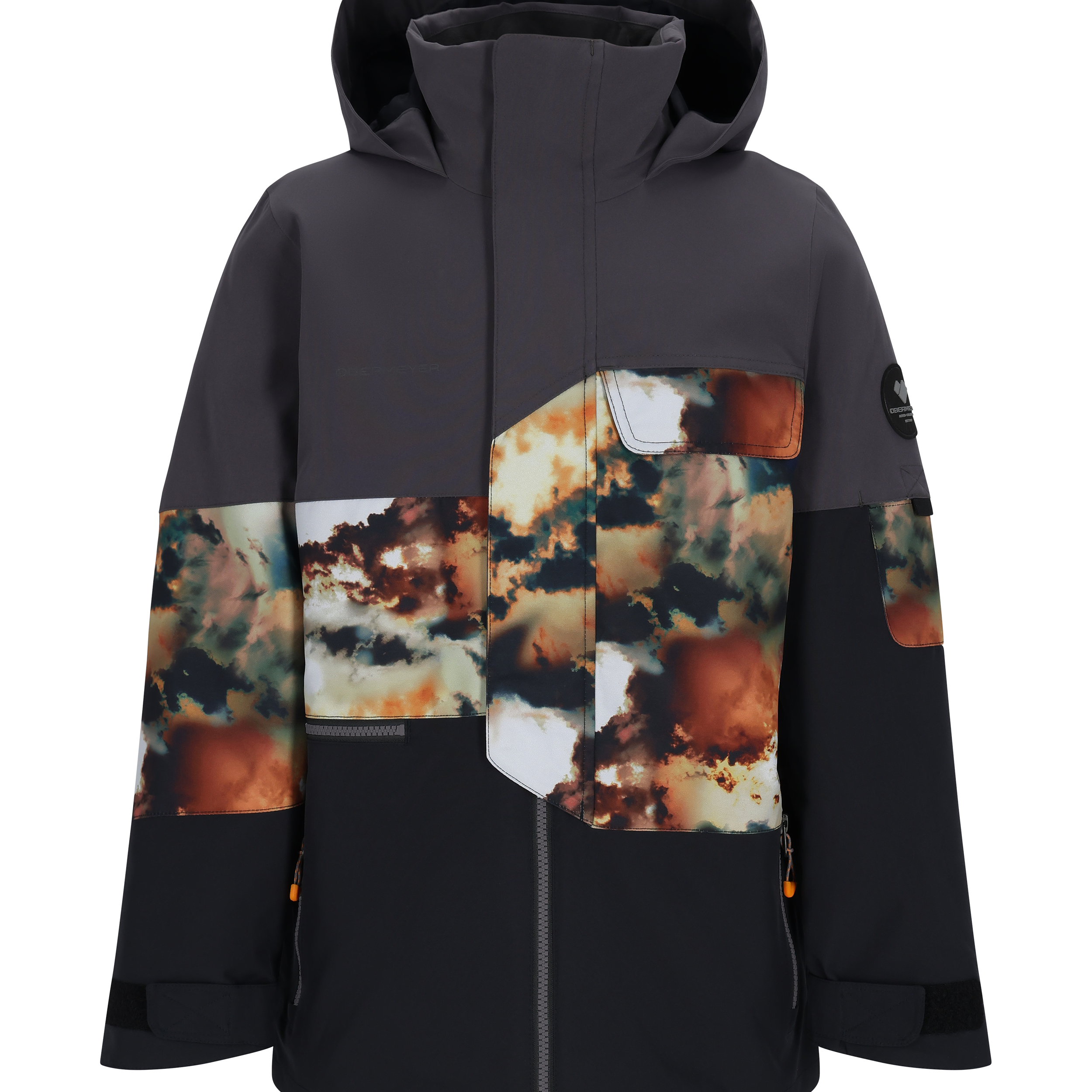 Obermeyer Junior's Axel Insulated Jacket 2025 - A black insulated jacket with a brown and white patterned chest pocket, featuring a hood and zippered pockets on both sides.