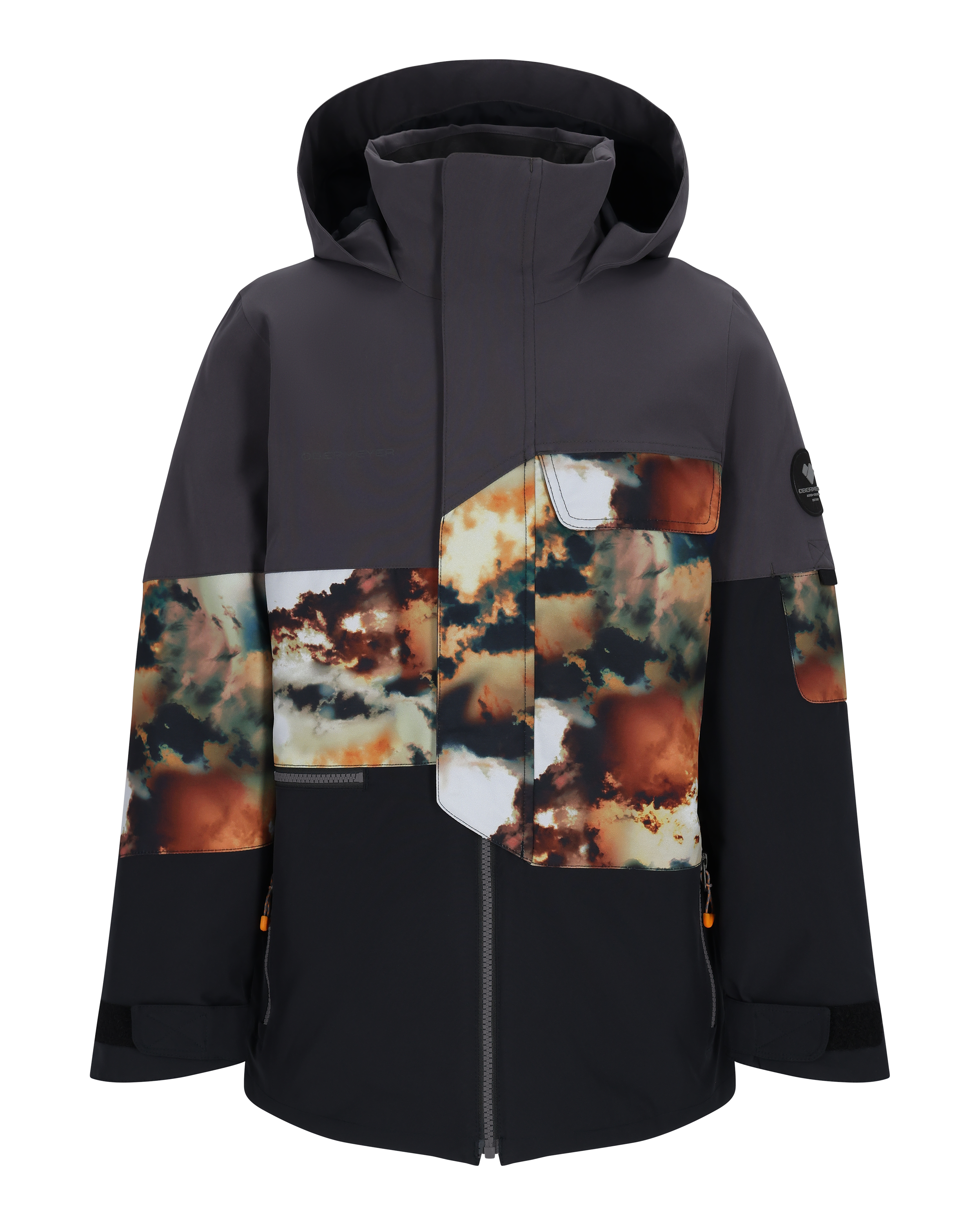 Obermeyer Junior's Axel Insulated Jacket 2025 - A black insulated jacket with a brown and white patterned chest pocket, featuring a hood and zippered pockets on both sides.