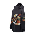 Obermeyer Junior's Axel Insulated Jacket 2025 - A dark gray jacket with a brown and white abstract pattern on the chest, featuring a hood and two zippered pockets.