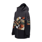 Obermeyer Junior's Axel Insulated Jacket 2025 - A dark gray jacket with a brown and white abstract pattern on the chest, featuring a hood and two zippered pockets.