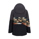 Obermeyer Junior's Axel Insulated Jacket 2025 - A black jacket with a hood, featuring a pattern of orange and blue clouds on the chest area.