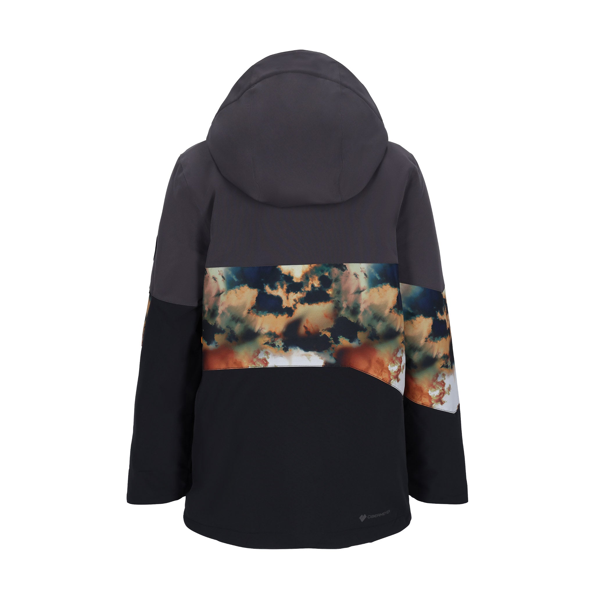 Obermeyer Junior's Axel Insulated Jacket 2025 - A black jacket with a hood, featuring a pattern of orange and blue clouds on the chest area.