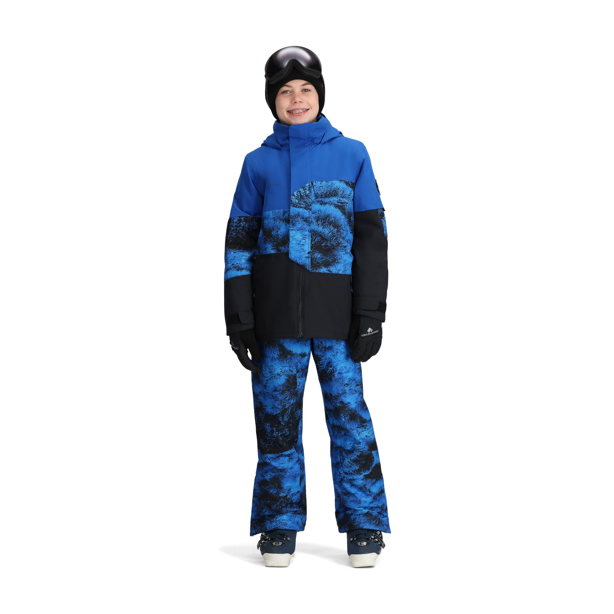 Obermeyer Junior's Axel Insulated Jacket 2025 - A blue and black insulated jacket with a hood, zippered pockets, and a snow skirt.