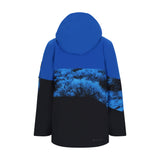 Obermeyer Junior's Axel Insulated Jacket 2025 - A royal blue jacket with a hood, featuring a black and white snowflake pattern on the chest and sleeves.