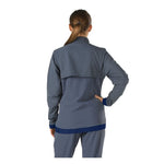 Speedo Female Tech Warm Up Jacket - A grey jacket with a navy blue stripe at the bottom and navy blue cuffs on the sleeves.