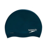 Speedo Solid Silicone Swim Cap - A dark blue swim cap with a smooth, solid silicone texture and no visible patterns or logos.