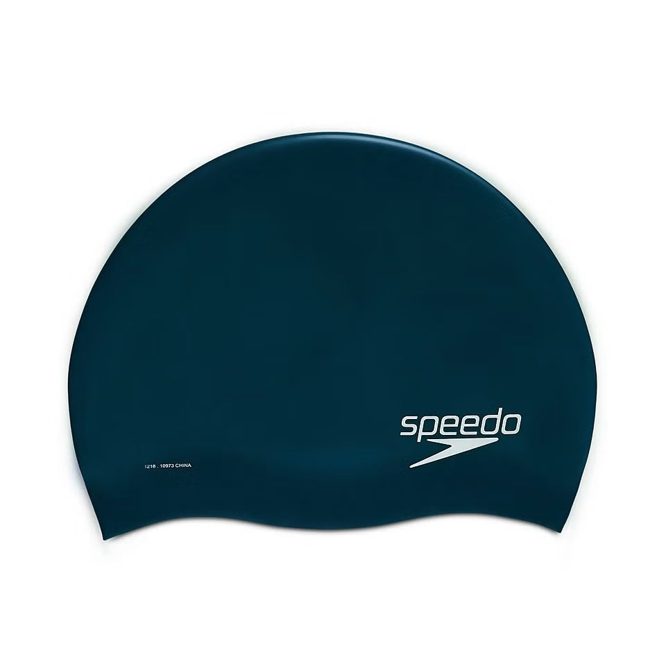 Speedo Solid Silicone Swim Cap - A dark blue swim cap with a smooth, solid silicone texture and no visible patterns or logos.