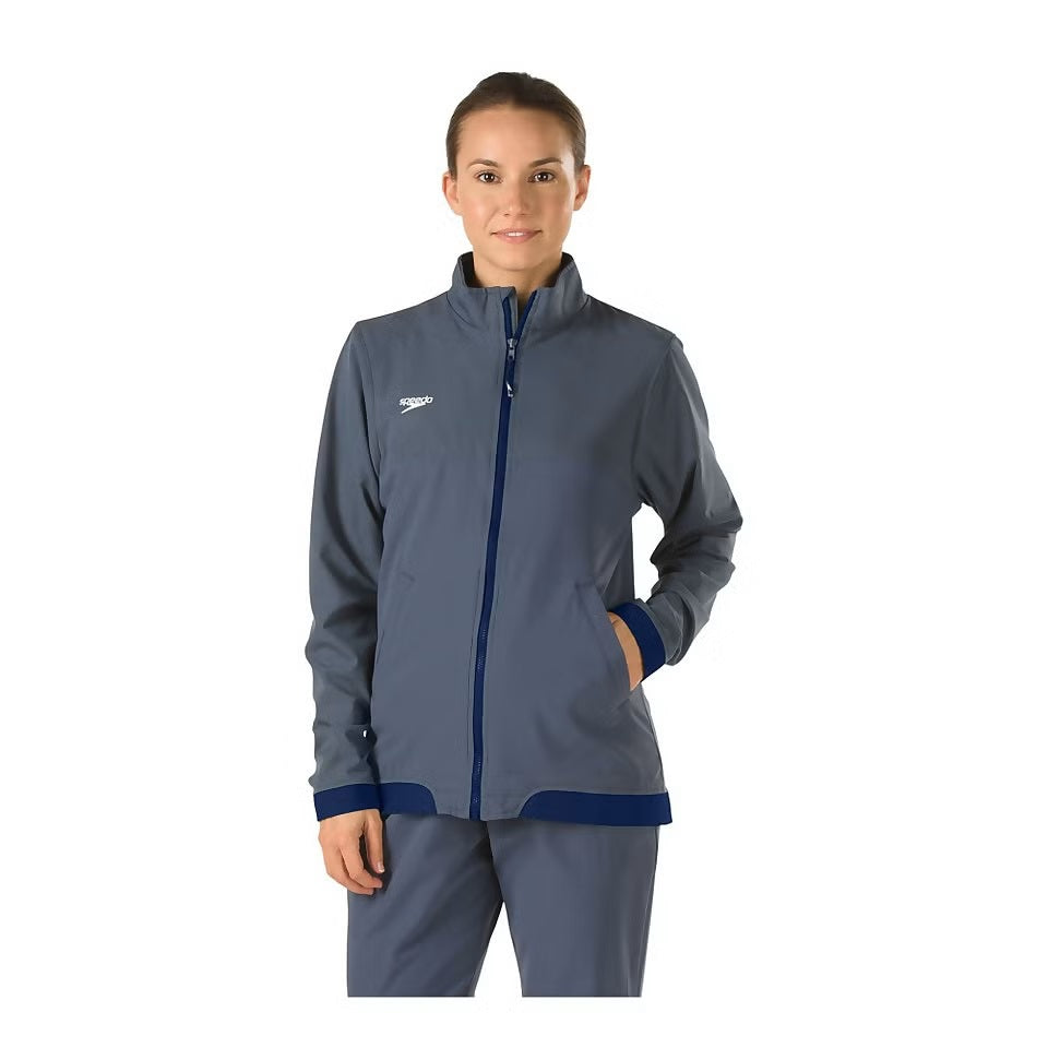 Speedo Female Tech Warm Up Jacket - A grey jacket with a white logo on the left chest and two zippered pockets at the waist.